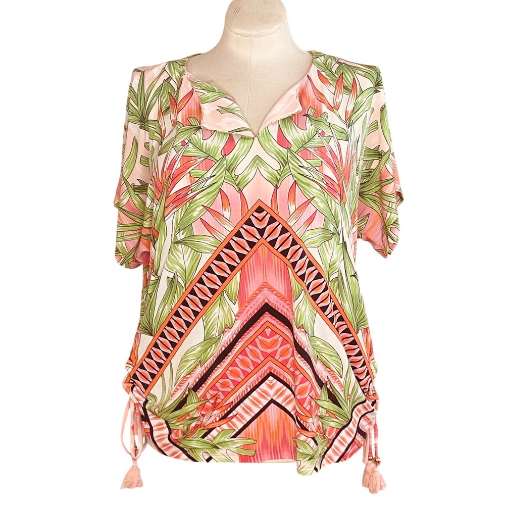 Rafaella shirt Sz L Tropical Palm Print Tassel Side Cinch‎ Blouse Pink Orangert
